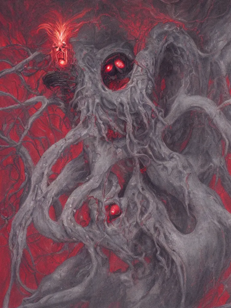 Prompt: painting by wayne barlowe of a flying sorrowful looking severed human head with tears running down it's eyes, face that is chalk white in color, with long sprawling white tentacles stemming down it's neck, fiery scorching red eyes, flying inside a terrifying hellish cave with lava flowing through it's walls, 4 k