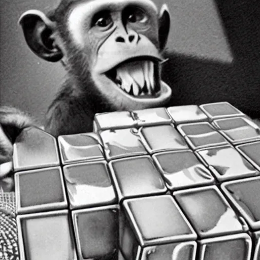 Image similar to a monkey attempts to solve a rubiks cube