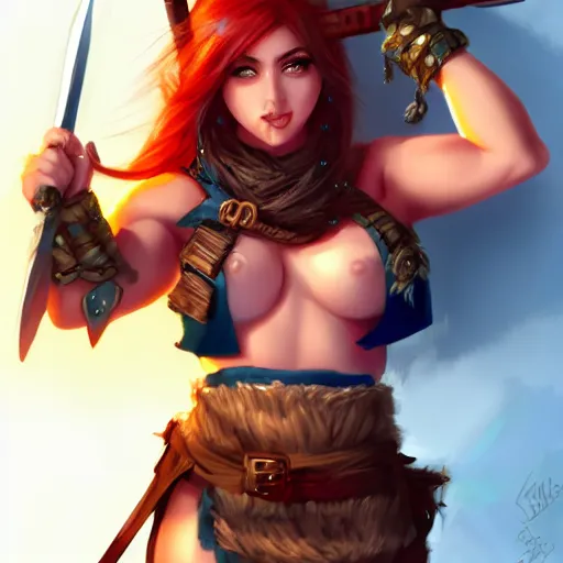 Image similar to very beautiful female barbarian, smiling, flirty, eye contact, perfect face, perfect body, drawn by artgerm