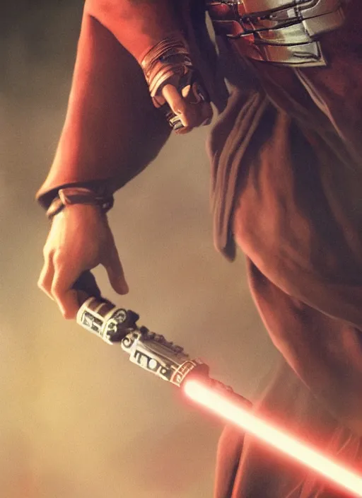 Prompt: close - up of a jedi holding a lightsaber, keanu reeves, greg rutkowski, 8 k, shallow depth of field, intricate detail, concept art,