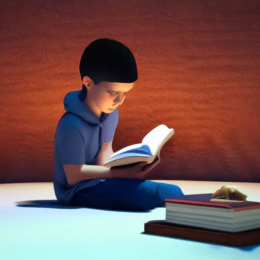 Image similar to a boy reading a book, 3 d rendering, art by nicolch, cinematic lighting