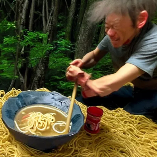 Prompt: Gollum eating ramen trail cam footage