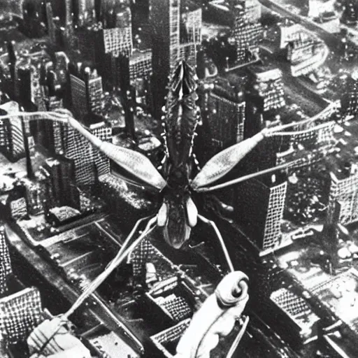 Image similar to “ still image taken from sci fi horror movie of a giant praying mantis attacking a city. low camera angle. 1 9 6 0 ”