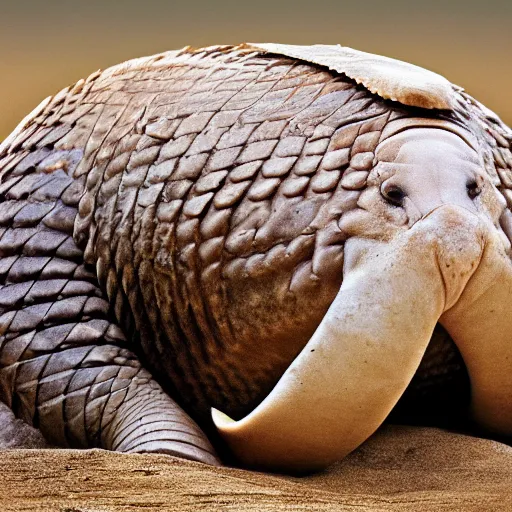 Image similar to a Walrus with the armor of a pangolin, national geographic photograph