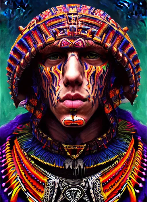 Prompt: portrait of jesse eisenberg, hyper detailed ultra sharp aztec shaman warrior. trending on artstation, warpaint aesthetic, bloodwave, colorful, psychedelic, ornate, intricate, digital painting, concept art, smooth, sharp focus, illustration, art by artgerm and greg rutkowski and h. r. giger, 8 k