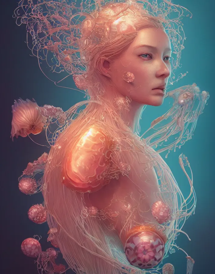 Prompt: goddess portrait. jellyfish orchid phoenix head. intricate artwork by Tooth Wu and wlop and beeple and dan mumford. octane render, trending on artstation, greg rutkowski very coherent symmetrical artwork. cinematic, hyper realism, high detail, octane render, 8k, depth of field, bokeh