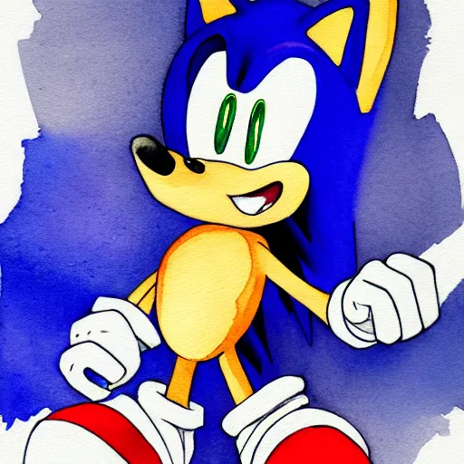 Prompt: a watercolor sonic the hedgehog, loose watercolor drawing