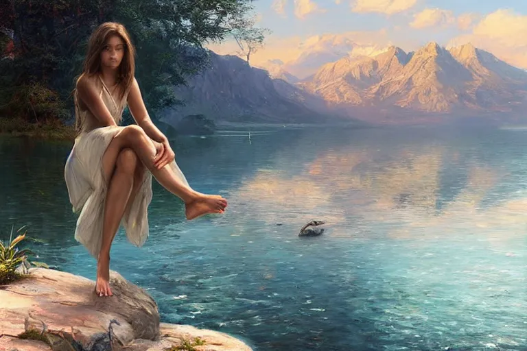 Prompt: an epic cinematic masterpiece of hyperrealism in which a girl sits on a rock by a lake with her feet in the water, a realistic poster with shaded lighting from craig mallismo, artgerm, jeremy lipkin and michael garmash, unreal engine, radiant light, detailed and complex environment, digital art, art station trends