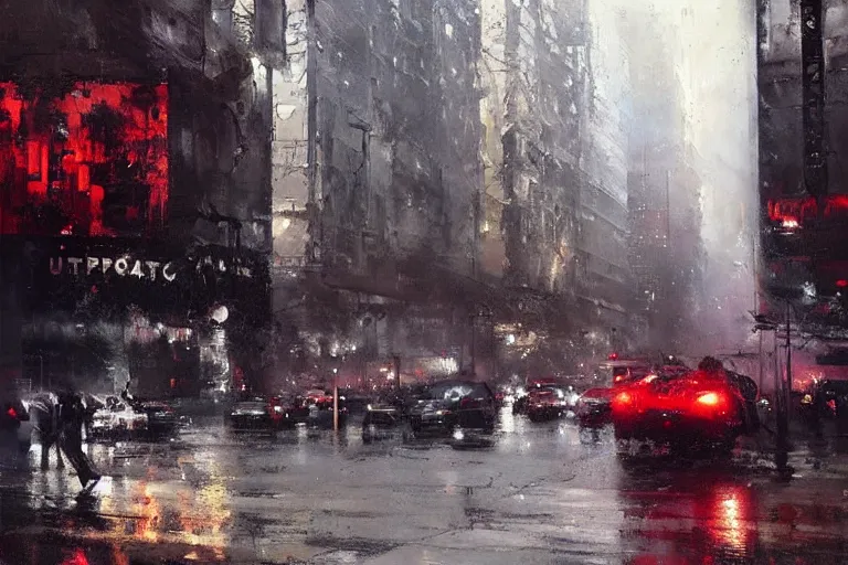 Image similar to cityscape painted by jeremy mann, street - level, dripping oil paint, highly detailed, high resolution