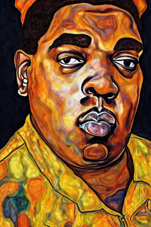 Image similar to a portrait of biggie small in style of egon schiele, masterpiece, hyperdetailed, complex, intricate, 4 k, trending on artstation