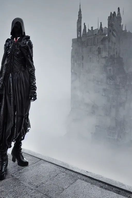 Image similar to avant garde techwear look and clothes, we can see them from feet to head, highly detailed and intricate, hypermaximalist, dystopian castle background, eerie fog, luxury, Rick Owens, Errolson Hugh, Yohji Yamamoto, Chrome Hearts, cinematic outfit photo