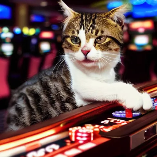 Image similar to cats sitting at the slot machines in a casino gambling and smoking cigarettes