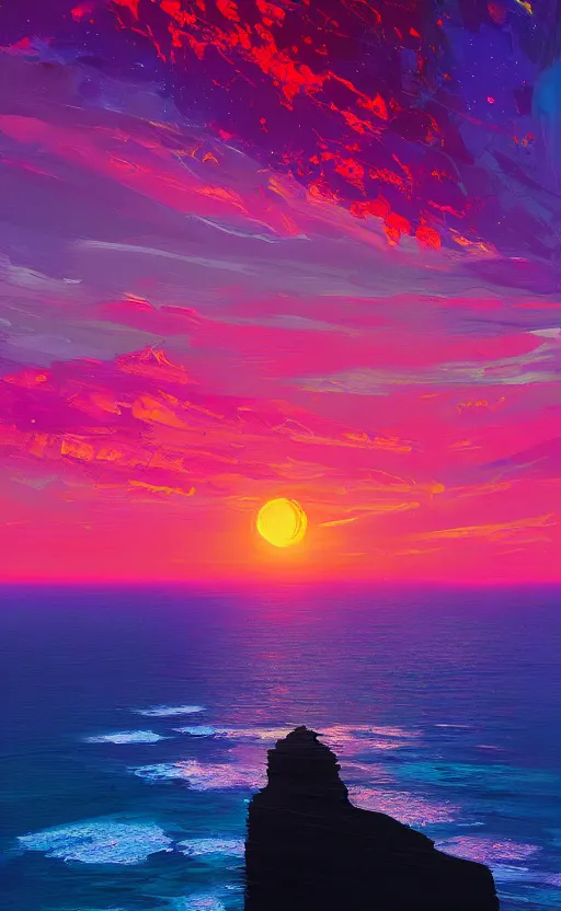 Prompt: a beautiful illustration of twelve apostles at sunset, art of alena aenami, featured on artstation, vertical orientation, paint brush strokes, expressionism, brushstroke - laden, breathtaking clouds, birds, ocean, beautiful stars, long exposure, gigantic sun, airy theme, red purple gradient, lens flare