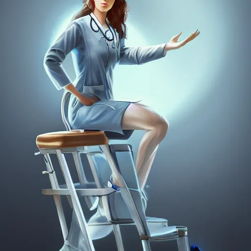 Prompt: portrait of a nurse on a stool, expressive pose, futuristic, highly detailed, digital painting, artstation, concept art, smooth, sharp focus, by Enoch Bolles