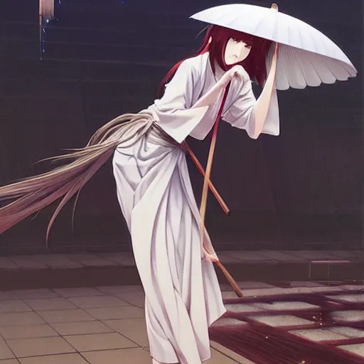 Image similar to manga anime art, beautiful female priestess sweeping the floor of a japanese monastery. art by wlop, ilya kuvshinov, artgerm, krenz cushart, greg rutkowski, hiroaki samura, range murata, james jean, katsuhiro otomo, erik jones.