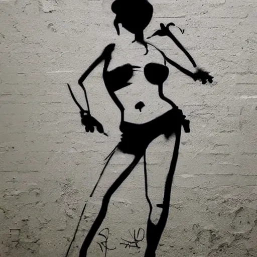 Prompt: rough rugged simple yet detailed graffiti of a seductive pinup girl on a black wall designed by bansky