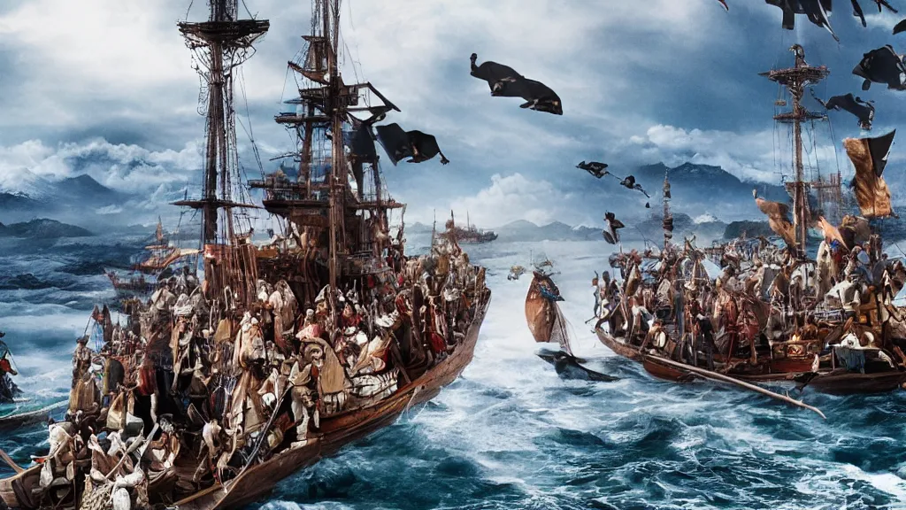 Image similar to Epic shot from a feature film depicting the arrival of the first Portuguese explorers to Japan, 4k