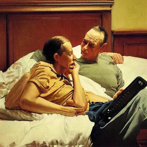 Image similar to “a man and a woman lying on a bed in an apartment in Copenhagen at night, staring at their phones, photorealistic oil painting by Norman Rockwell, trending on art station”