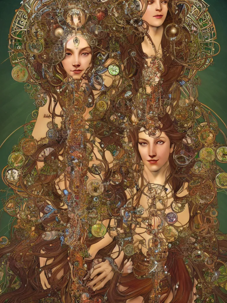 Prompt: a centered beautiful tribal goddesses is surrounded by intertwining bio - mech tendrils made of machine and robot parts and gemstones and leaves and feathers, full body, gorgeous face, perfect face, powerful, by alphonse mucha and justin gerard and james jean, 3 d, cinema 4 d render, trending on artstation, octane render, 8 k