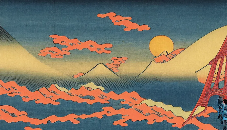 Prompt: sunset over the san francisco bay area by katsushika hokusai and tsukioka yoshitoshi and utagawa kunisada
