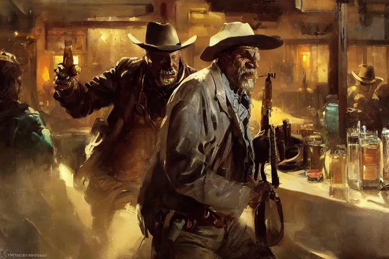 Image similar to oil painting of old rugged robot bounty hunter in a bar fight in dusty wild west town, art by anders zorn, wonderful masterpiece by greg rutkowski, beautiful cinematic light, american romanticism by greg manchess, jessica rossier