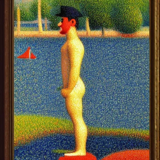 Prompt: Mario standing by the river painting by Georges Seurat, pointillism