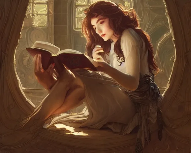 Image similar to faker reading a book, deep focus, d & d, fantasy, intricate, elegant, highly detailed, digital painting, artstation, concept art, matte, sharp focus, illustration, hearthstone, art by artgerm and greg rutkowski and alphonse mucha