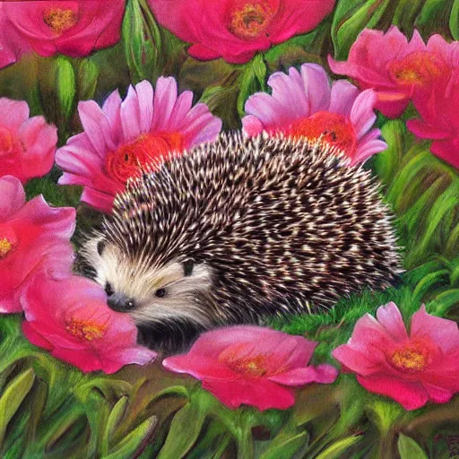 Image similar to masterpeice painting of baby hedgehogs sleeping in flowers by james gurney