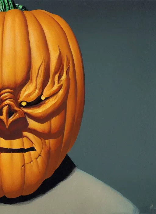 Prompt: Portrait of Pumpkin mask from Halloween III (1982), detailed, coherent, painted by Edward Hopper, Wayne Barlowe, James Gilleard, airbrush, art by James Jean