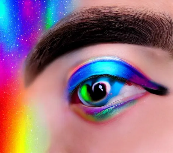 Image similar to extremely beautiful young man with hyperealistic glossy rainbow eyes, digital art, vivid background seductive look.