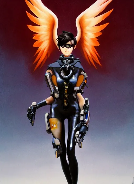 Image similar to full body artwork of tracer overwatch, wearing black latex outfit, in style of zdzisław beksinski, angel wings, dramatic painting, wearing detailed steel collar, black shiny armor, chains, black harness, detailed face and eyes,