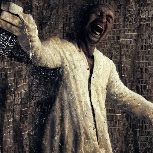 Prompt: The man with a cheese grater face, extreme detail, shadows, brushes, octane render, 8k by Dave McKean and ((Ilya Repin))