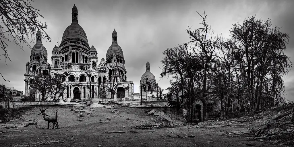 Image similar to the abandoned post-apocalyptic Basilica of Sacré Coeur de Montmartre, toxic orange and pink mist rises from the ground and contrast the white exterior, dark gray skies, stark contrasting lighting, a two-headed mutated deer-like creature looks on in the distance from the sparse twisted silhouetted foliage, a highly detailed matte painting by Zdzislaw Beksinski and Beeple, featured on Artstation