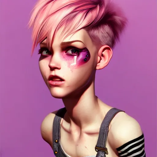 Image similar to full body pose, pixar, beautiful androgynous girl, pink pixie cut hair, torn overalls, short shorts, combat boots, fishnets, beautiful, highly detailed face, true anatomy!, extremely detailed!, digital painting, unreal engine 5, art by tom bagshaw