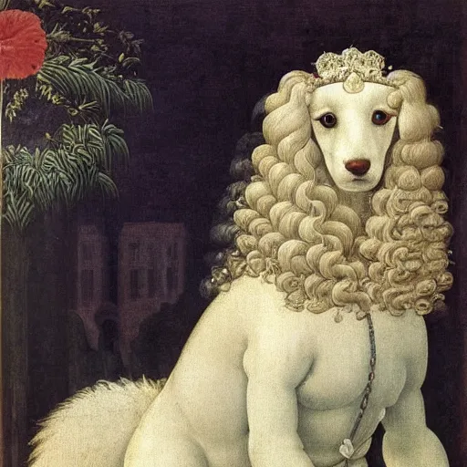 Image similar to portrait of a white poodle with curly white hair as an italian queen, painting by botticelli, 1 4 8 0 s