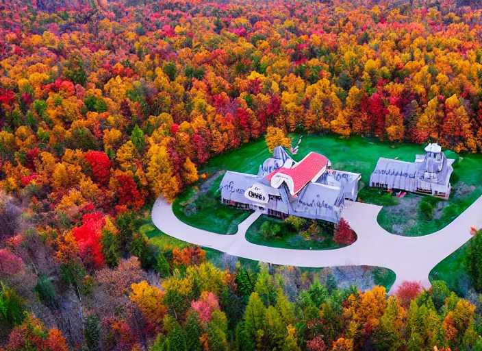 Image similar to low drone shot of a Disney style ranch style School campus in the middle of the Woods during autumn