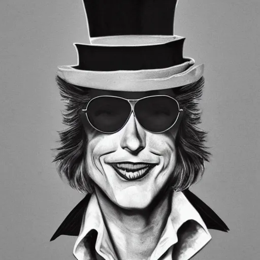 Prompt: the mad hatter wearing aviator shades giving a smug look, portrait