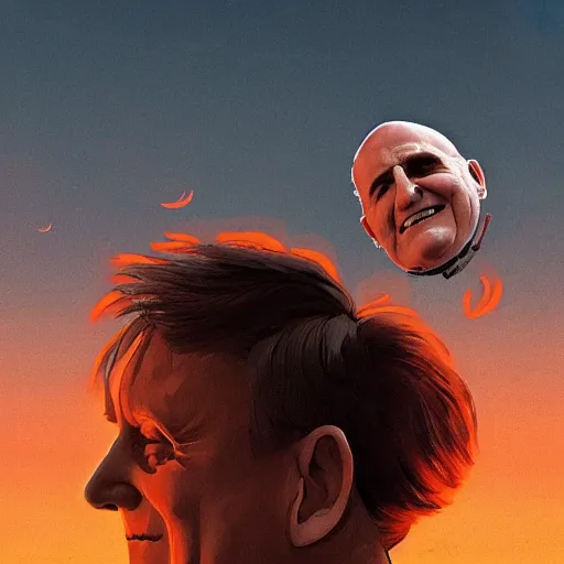 Image similar to the disembodied head of rudy giuliani is floating in the sky and covering the sun. the sky is orange. people on the ground are running away out of fear. a rotoscoped image, comedy, ( ( concept studio ghibli ) ) ( ( by greg rutkowski ) )