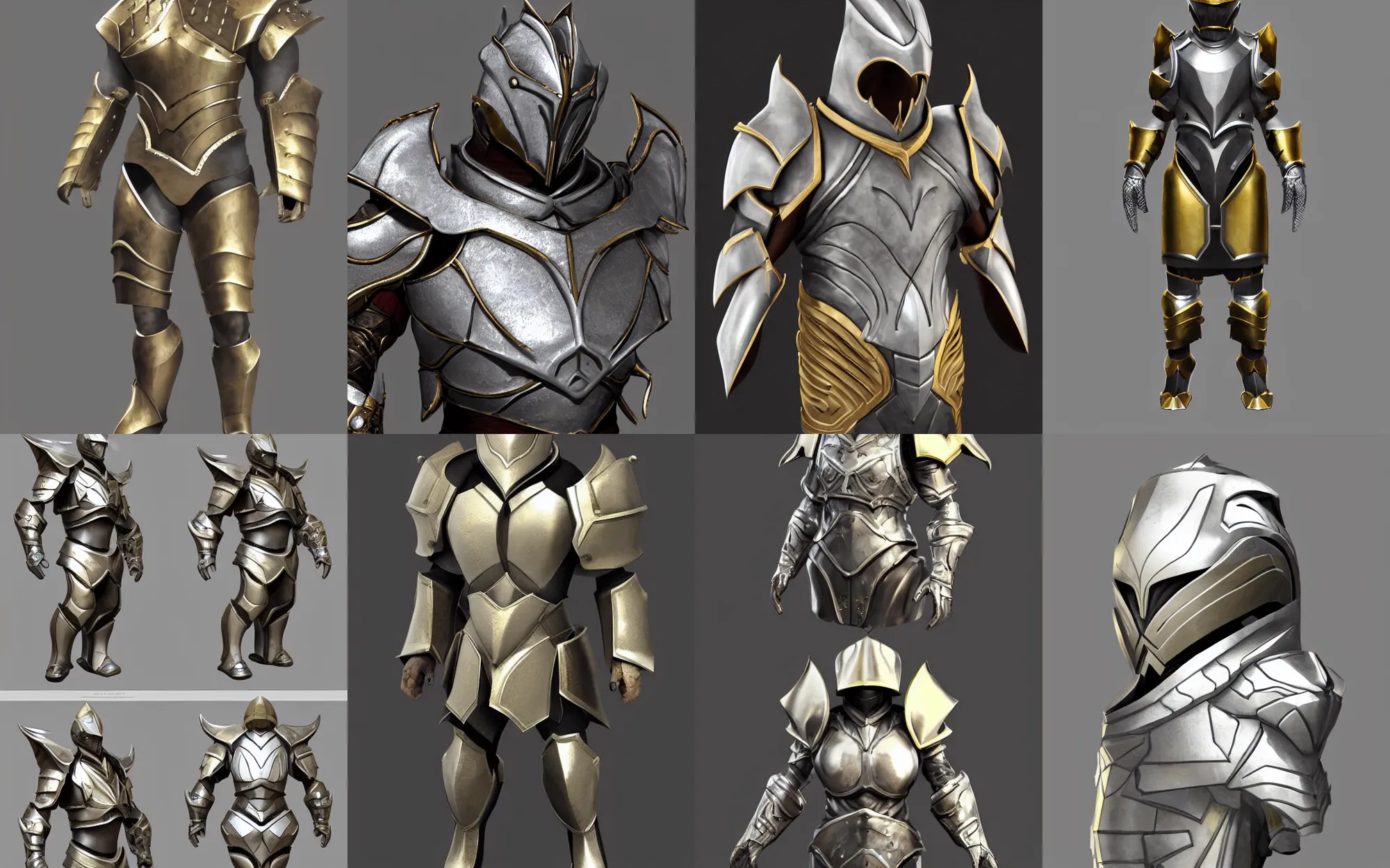 Prompt: sleek heavy fantasy armor, trending on artstation, silver, gold trim, very smooth, flat shading