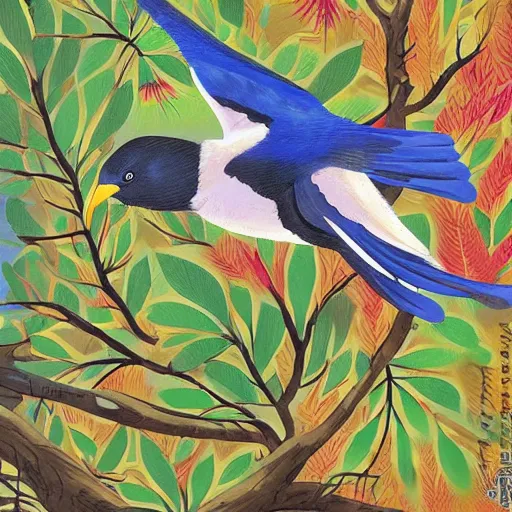 Image similar to A beautiful experimental art of a bird in its natural habitat. The bird is shown in great detail, with its colorful plumage and intricate patterns. The background is a simple but detailed landscape, with trees, bushes, and a river. graffiti by Akihiko Yoshida, by Zinaida Serebriakova dull, aesthetic