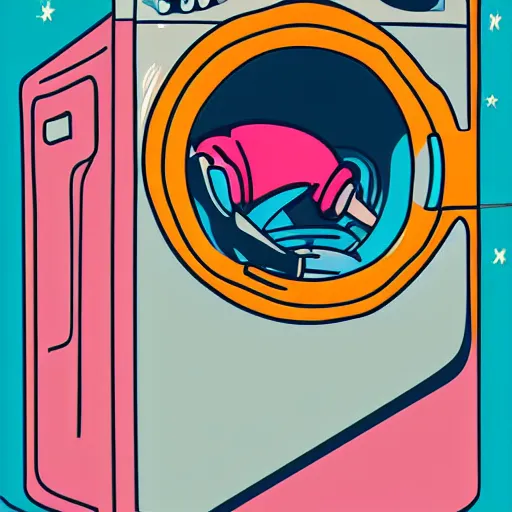 Image similar to Astronaut stuck in a giant washing machine that is washing pink clothes. 8k resolution. Art deco. Pop art.