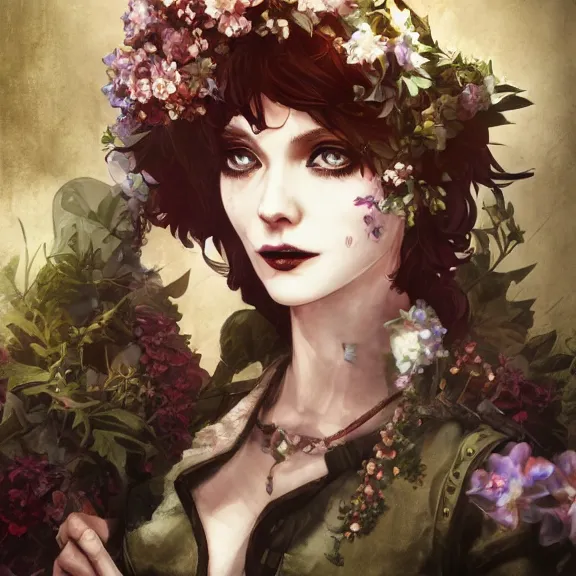 Image similar to goth christina hendricks with flowers in her hand, tankoban, 4 k, tone mapping, akihiko yoshida, james jean andrei riabovitchev marc simonetti, yoshitaka amano, long hair, curly, h. hydrochaeri