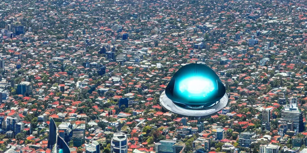 Prompt: A photo looking up at a large alien spaceship hovering over Sydney in Australia, 4K