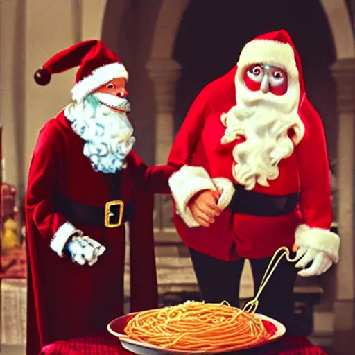 Image similar to nosferatu sharing a string of spaghetti with santa claus, holding hands, heartwarming emotional image, photograph