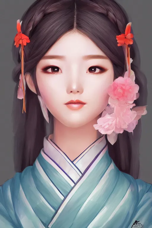 Image similar to pretty korean woman wearing beatiful hanbok, face by artgerm, bright pastel colors, trending on artstation