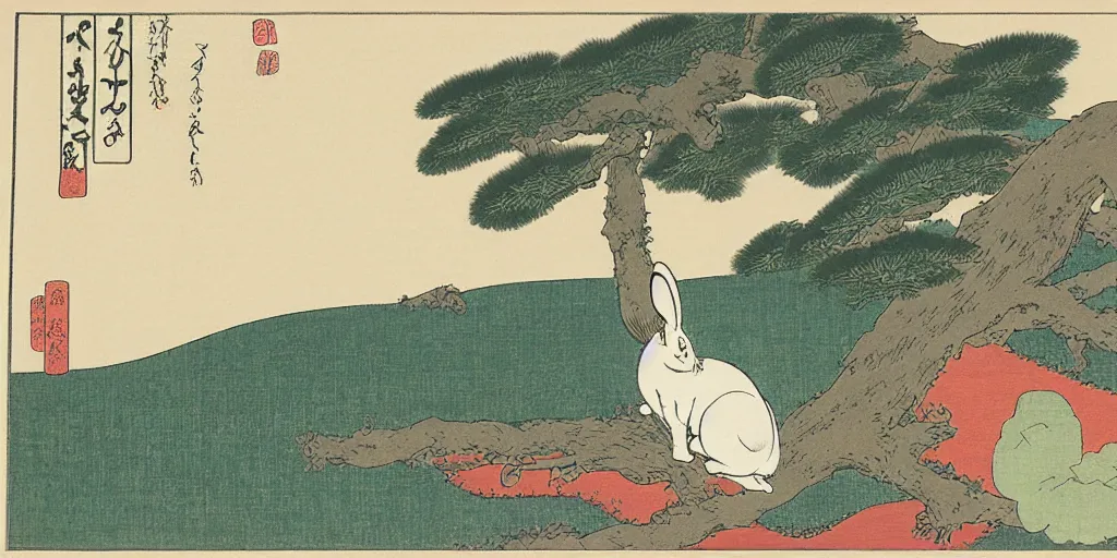 Image similar to ukiyo - e woodblock print of a rabbit on top of a hill, trees in the background, by hokusai