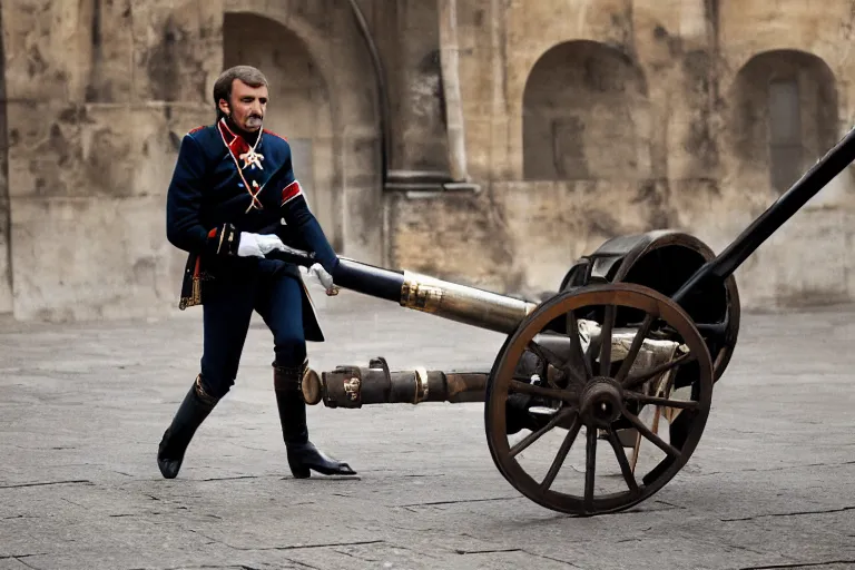 Prompt: portrait of emmanuel macron dressed as napoleon dragging a cannon in the street, natural light, sharp, detailed face, magazine, press, photo, steve mccurry, david lazar, canon, nikon, focus