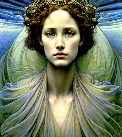 Image similar to detailed realistic beautiful young jessica lang as queen of jupiter face portrait by jean delville, gustave dore and marco mazzoni, art nouveau, symbolist, visionary, gothic, pre - raphaelite. horizontal symmetry by zdzisław beksinski, iris van herpen, raymond swanland and alphonse mucha. highly detailed, hyper - real, beautiful