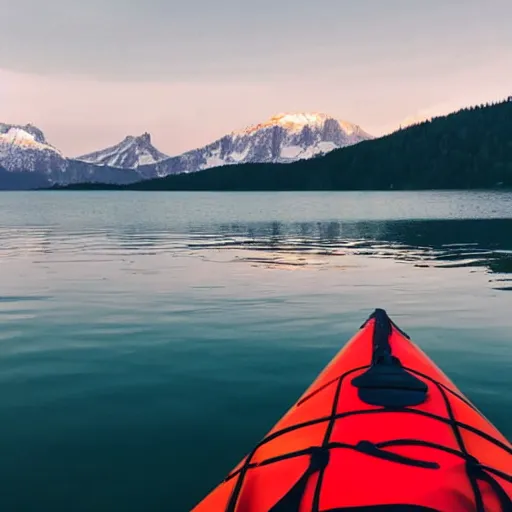 Prompt: a beautiful image of a breathtaking lake with amazing mountains in the background, there is a kayak in the foreground on the beach, landscape