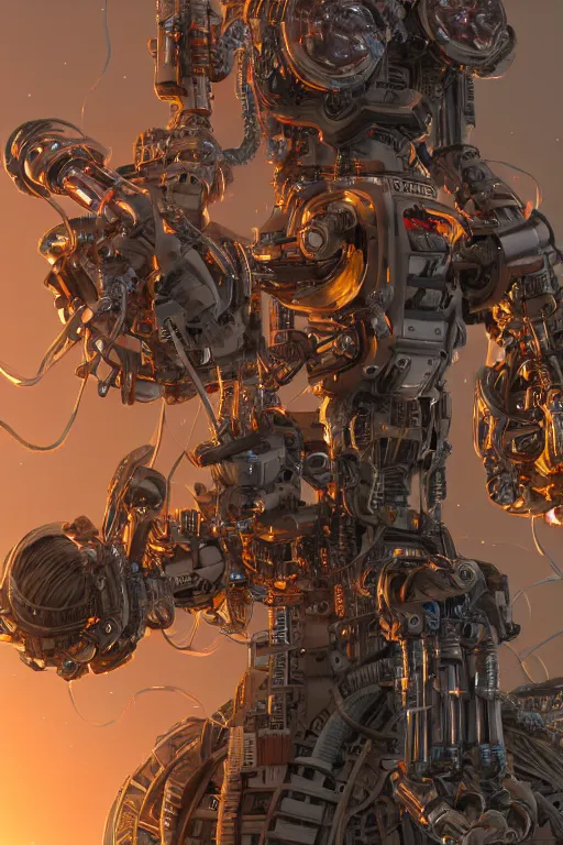 Image similar to an extremely intricately hyper detailed robot lots of cables and lights and connections, inspired by studio ghibli, highly detailed perfect render, realism. concept art. unreal engine 5, f / 1. 8, v - ray, ultra hd, 8 k, atmospheric beautiful background and beautiful lighting. iron forge background lots of sparks and fire. god rays, volumetric lighting. hyper realism.